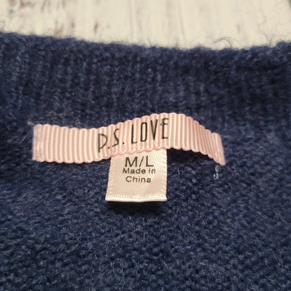 P.S. Love M/L Fuzzy Loose Fit Striped Color Block Cheetah Animal Print Sweater - Picture 5 of 7